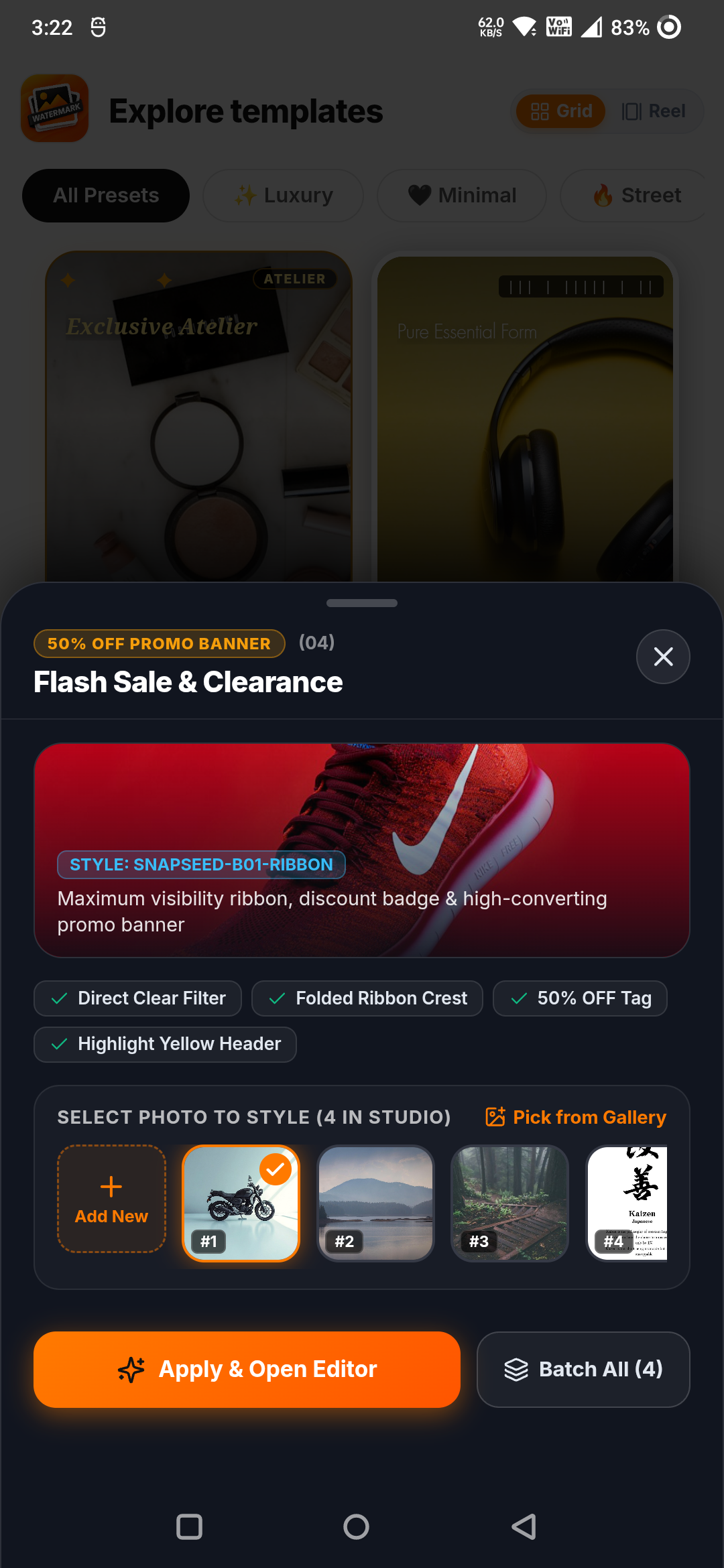 Watermark Studio Template Apply Bottom Sheet Screenshot